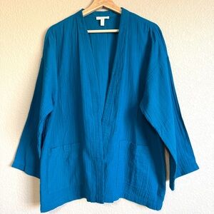 Eileen Fisher Teal Open Front Cardigan Light Jacket 100% Organic Cotton Gauze L